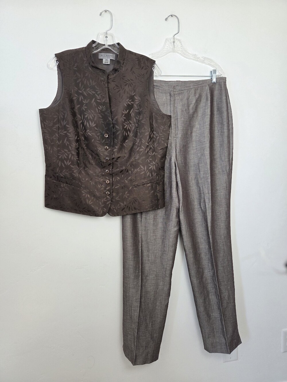 Bill Burns Signature Vest Trouser Set Silk Wool Linen Brown Leaf Autumn Size 14